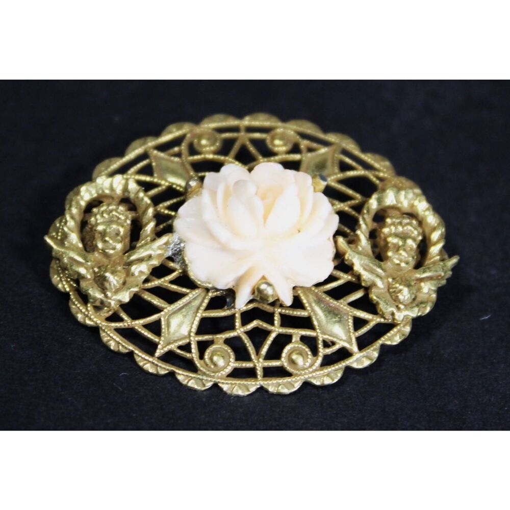 Vintage Victorian Style Gold Filigree Brooch with Cherubs And Applied Rose